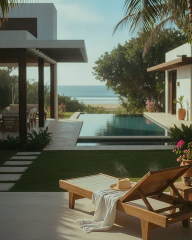 Modern beachfront villa with infinity pool, lounge chairs, palm trees, and ocean view beyond landscaped grounds.