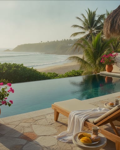 Infinity pool overlooking sandy beach, palm trees, and coastal cliffs with lounge chair and tropical flowers