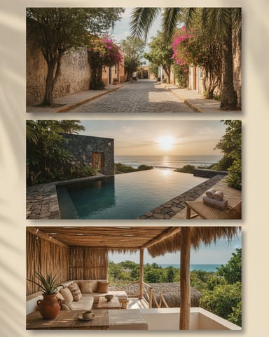 Three framed vacation rental photos: cobblestone street with pink bougainvillea, infinity pool overlooking sunset ocean, and thatched-roof terrace with sea