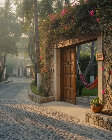 Cottage entrance with wooden door covered in pink flowering vines, hammock visible in courtyard, cobblestone street lined with palm trees