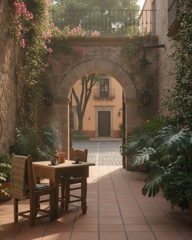 Narrow stone courtyard with wooden table and chair, ivy-covered walls, pink flowers, arched passageway leading to yellow building