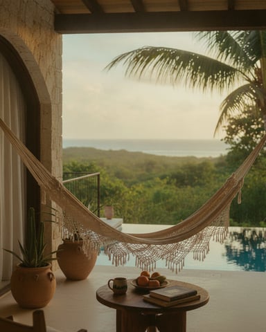 Terrace with hammock overlooking tropical forest and ocean, potted plants, small table with refreshments