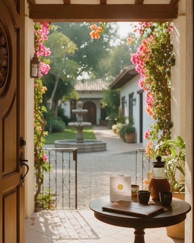 Ornate wooden door opening to courtyard with flowering vines, fountain, and white building beyond