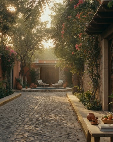 Shaded courtyard with stone pathway, flowering vines, lounge chairs, and terracotta pottery under palm trees