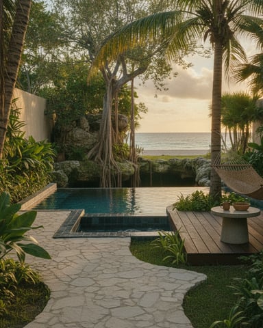 Tropical courtyard with infinity pool, palm trees, hammock, and ocean view beyond stone walls