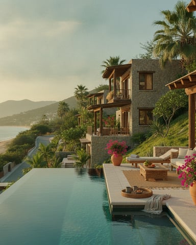 Hillside villa with infinity pool overlooking beach, palm trees, and mountains