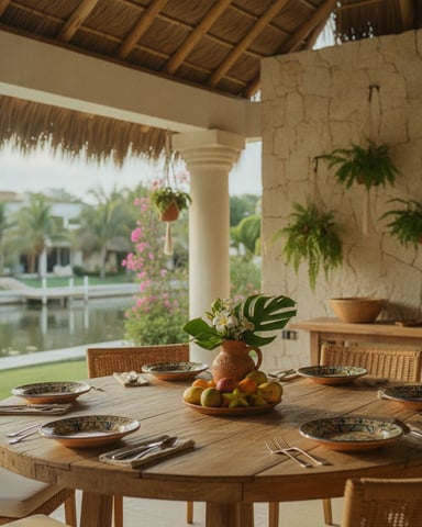 Covered patio with round wooden dining table set for six, overlooking waterfront and palm trees