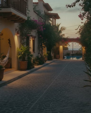 Courtyard with white stucco buildings, climbing vines, magenta flowers, and metal gate opening to pool at dusk