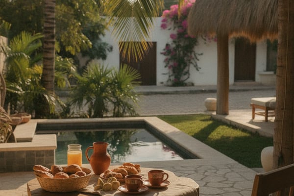 Tropical courtyard with breakfast table, reflecting pool, palm trees, and white villa with magenta bougainvillea