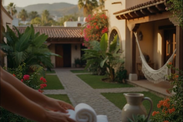 Courtyard with cream-colored hacienda buildings, palm trees, flowering plants, and hammock strung between structures