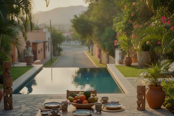 Courtyard dining table with place settings and fruit bowl overlooking rectangular pool, flowering vines, and mountain views