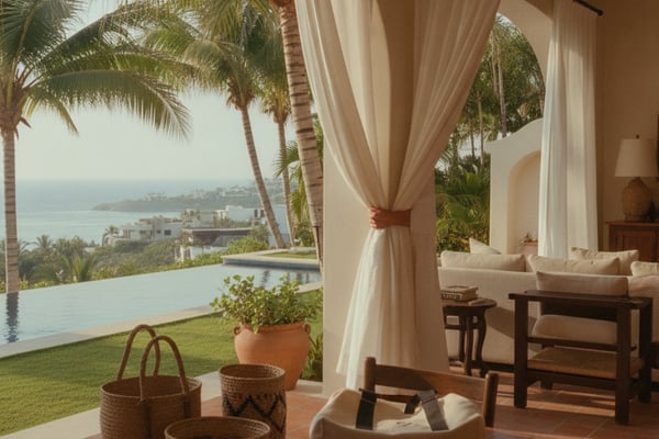 Coastal villa terrace with infinity pool, palm trees, ocean view, and draped cream curtains framing seating area