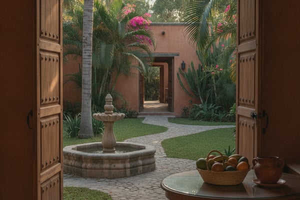 Courtyard view through open wooden doors with fountain, tropical plants, pink flowers, and terracotta walls