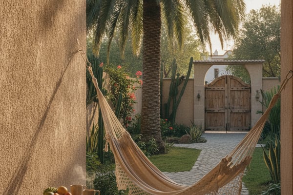 Courtyard with hammock, palm tree, wooden gate, and fruit on side table